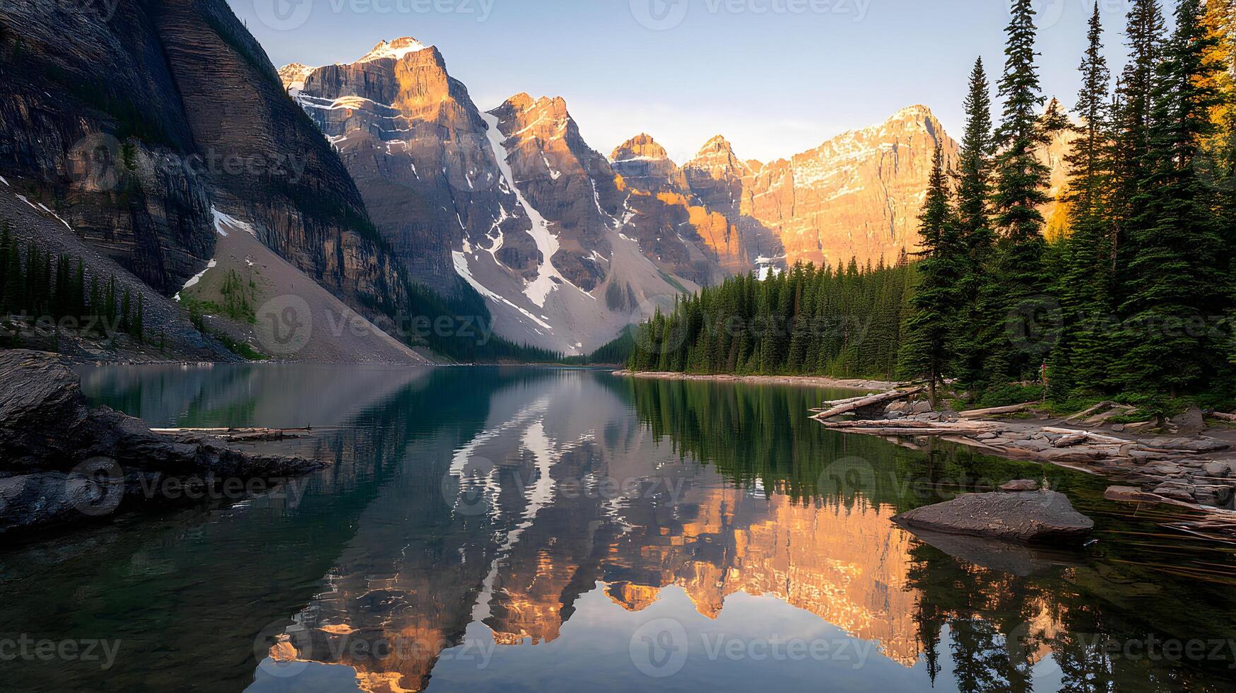 Majestic mountain range reflection mirrored flawlessly on calm lake waters during golden hour photo