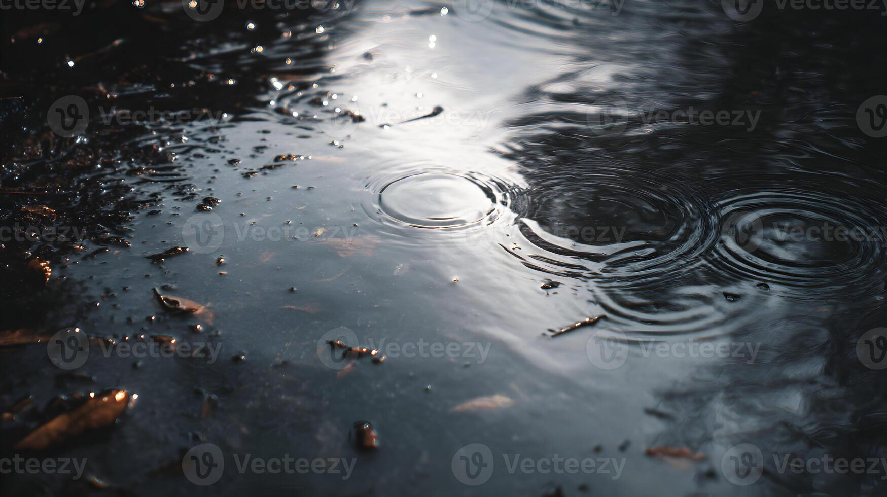 Raindrops create ripples in a puddle mirroring the sky offering a glimpse into the serene atmosphere photo