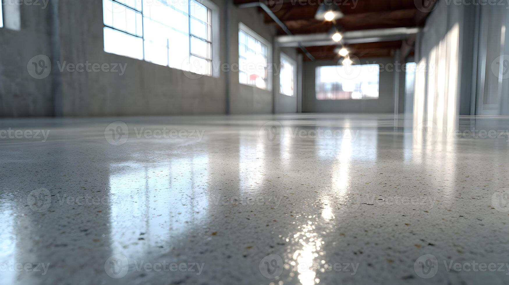 Spacious industrial interior with polished concrete floor reflecting bright window light, creating a modern atmosphere photo
