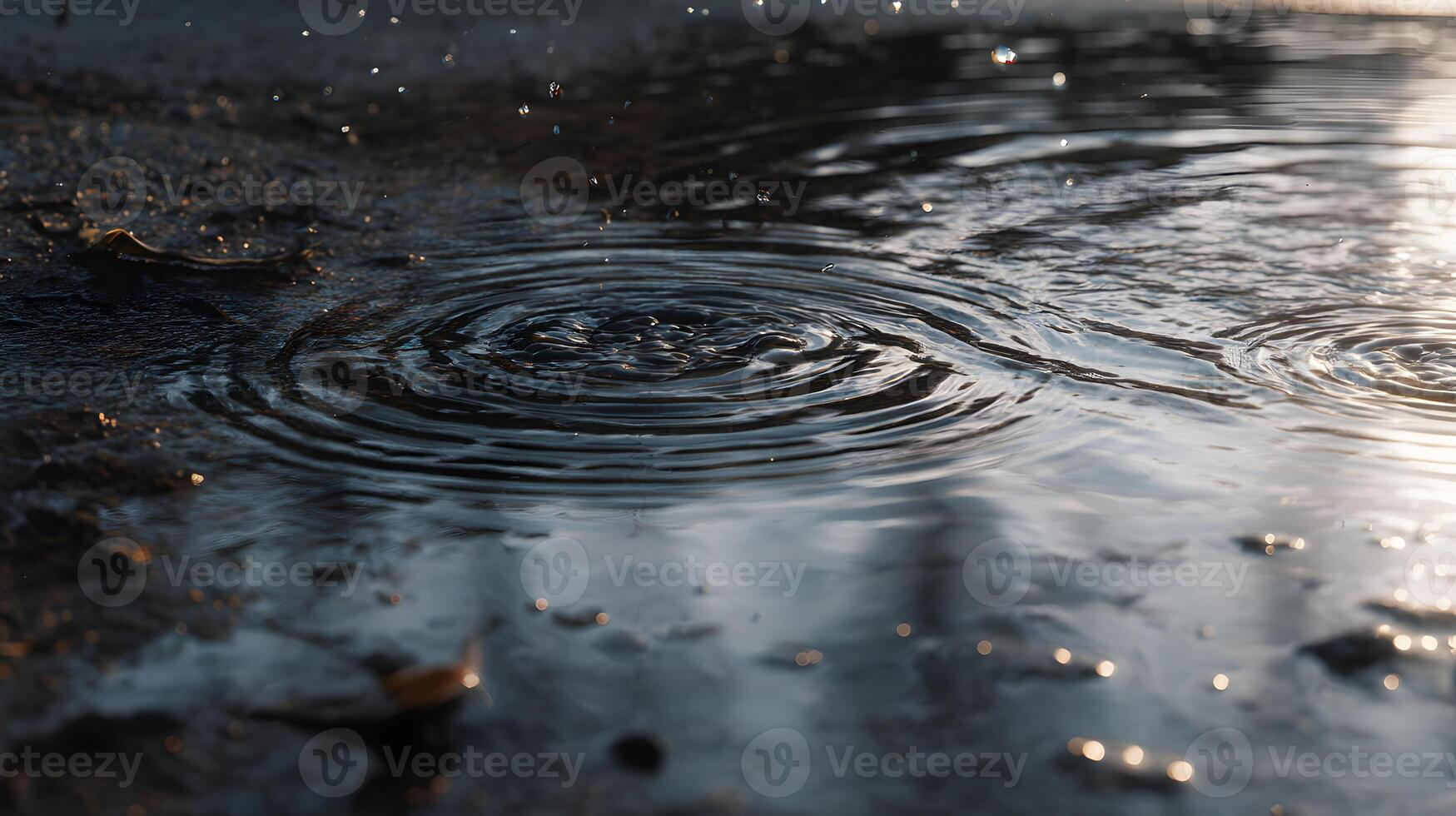 Serene raindrops falling gently into a tranquil puddle creating ripples on a smooth surface photo