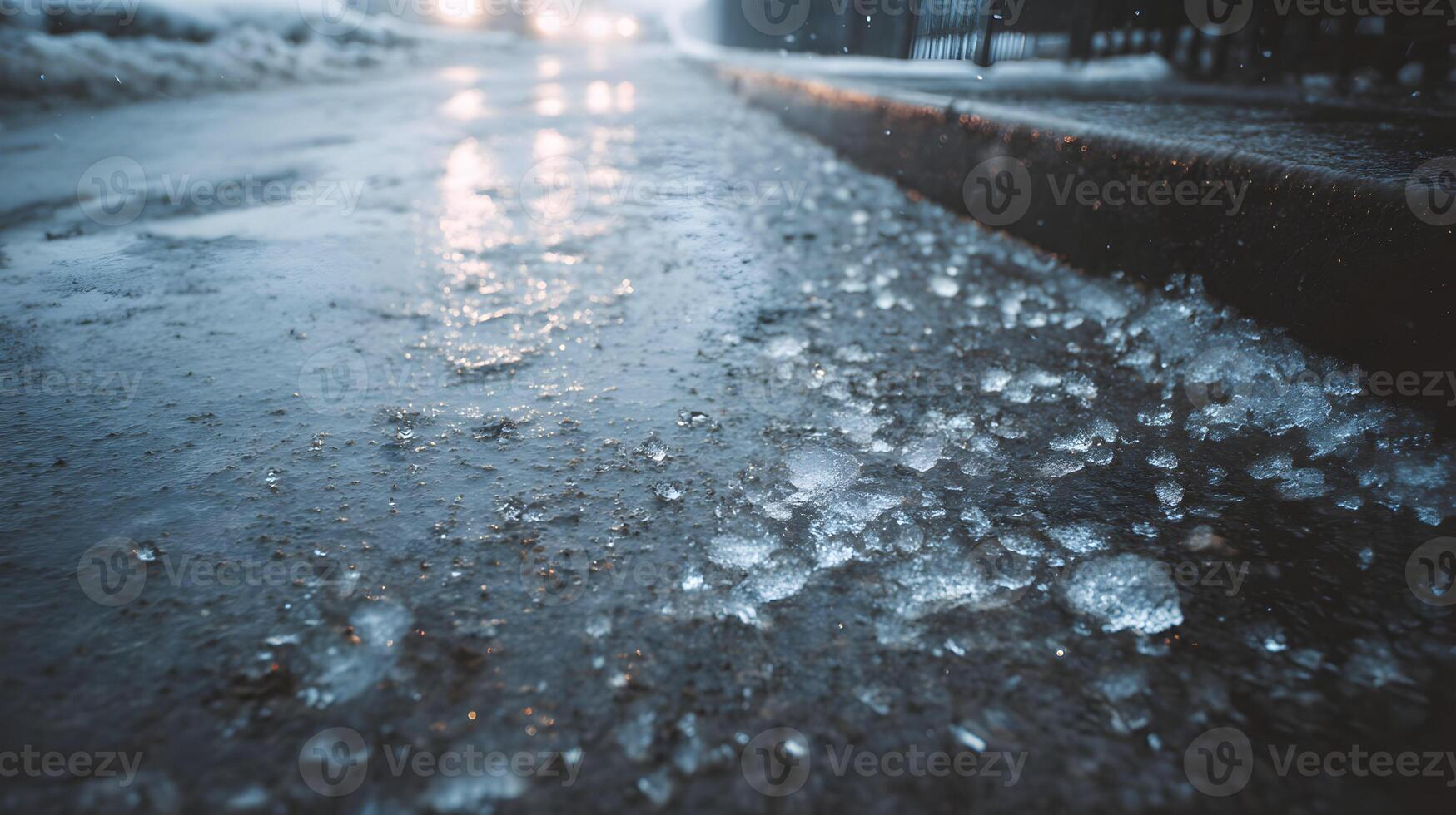 Icy sidewalk reflects the headlights of distant traffic on a dark winter night creating a cold scene photo