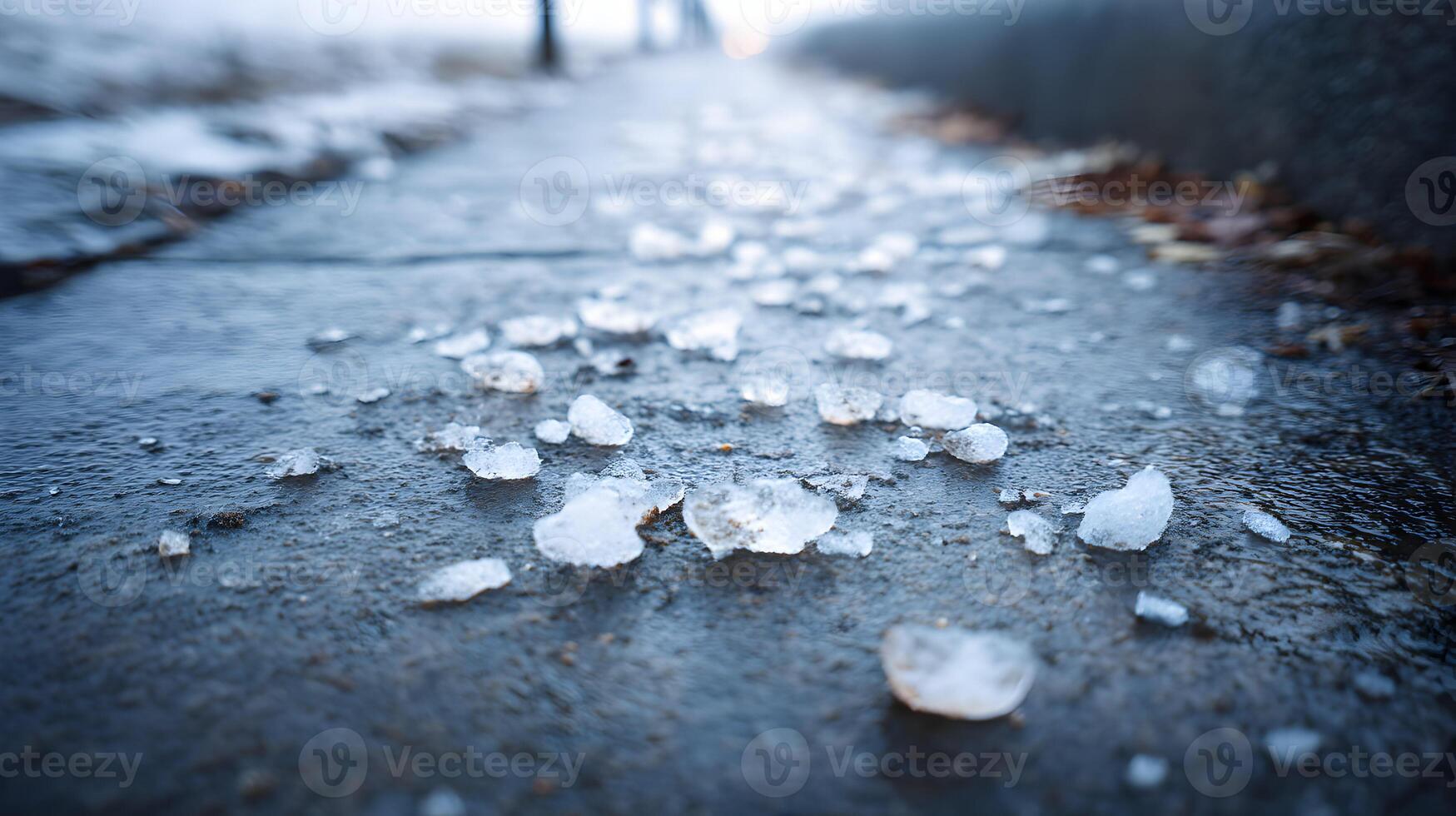 Icy sidewalk after a winter storm with melted ice and frozen puddles shimmering in the light photo