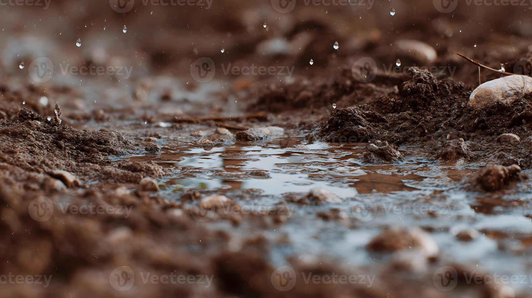 Macro shot showcasing raindrops falling on soil creating small puddles reflecting soft light, a peaceful scene photo