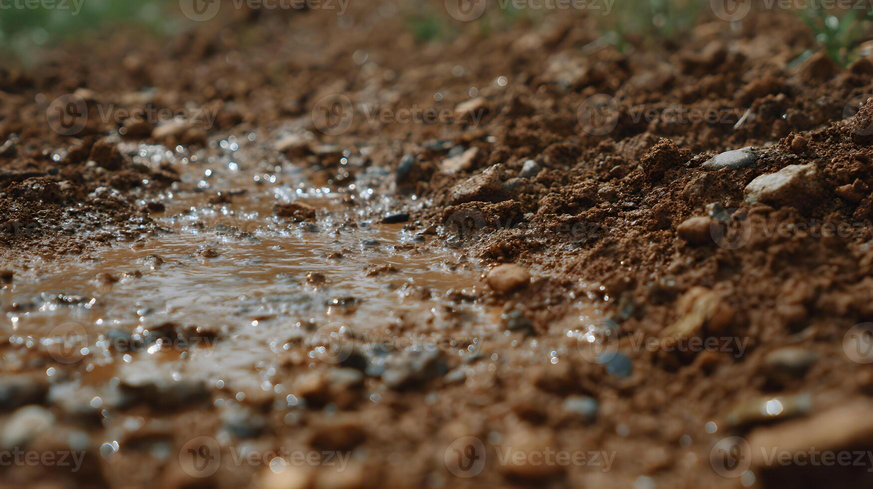 Water flowing over earth and stones a glistening stream meanders through the rough terrain photo