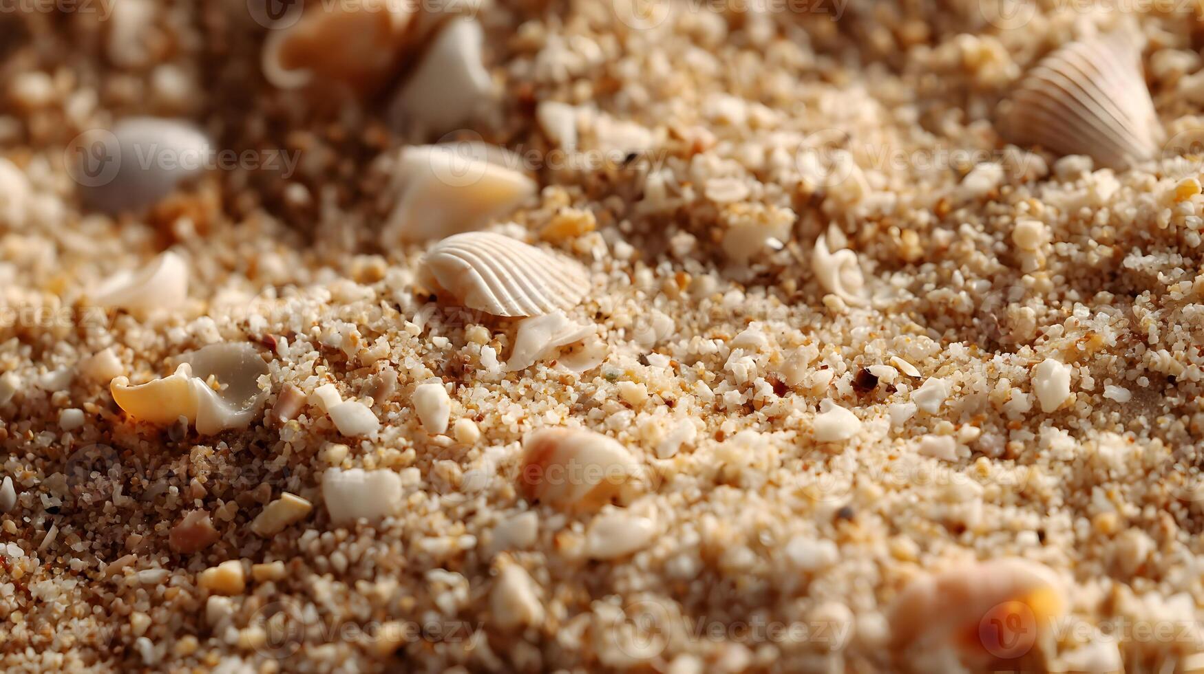 Macro shot of seashells scattered on sandy beach, close up view evoking a calming and serene mood photo