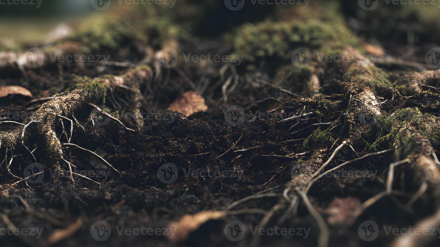 Exposed tree roots covered with green moss intertwining with soil and fallen leaves of the forest floor photo
