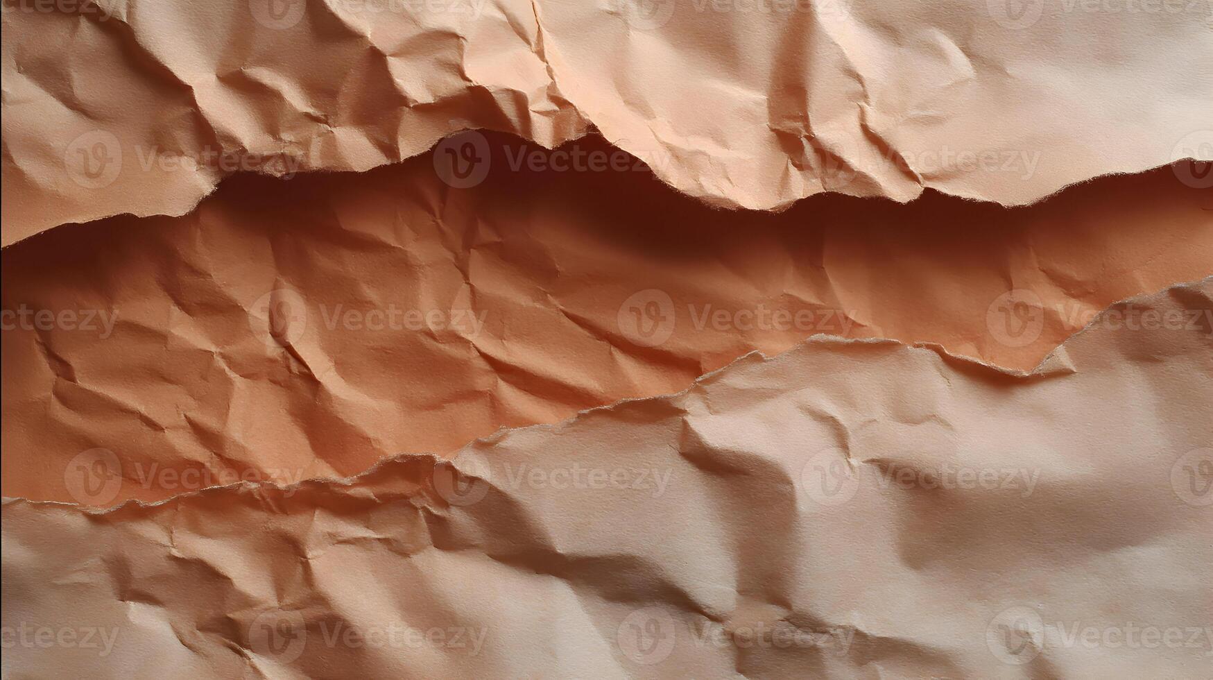 Abstract texture featuring layers of crumpled paper in light brown and beige tones, creating depth and shadows photo
