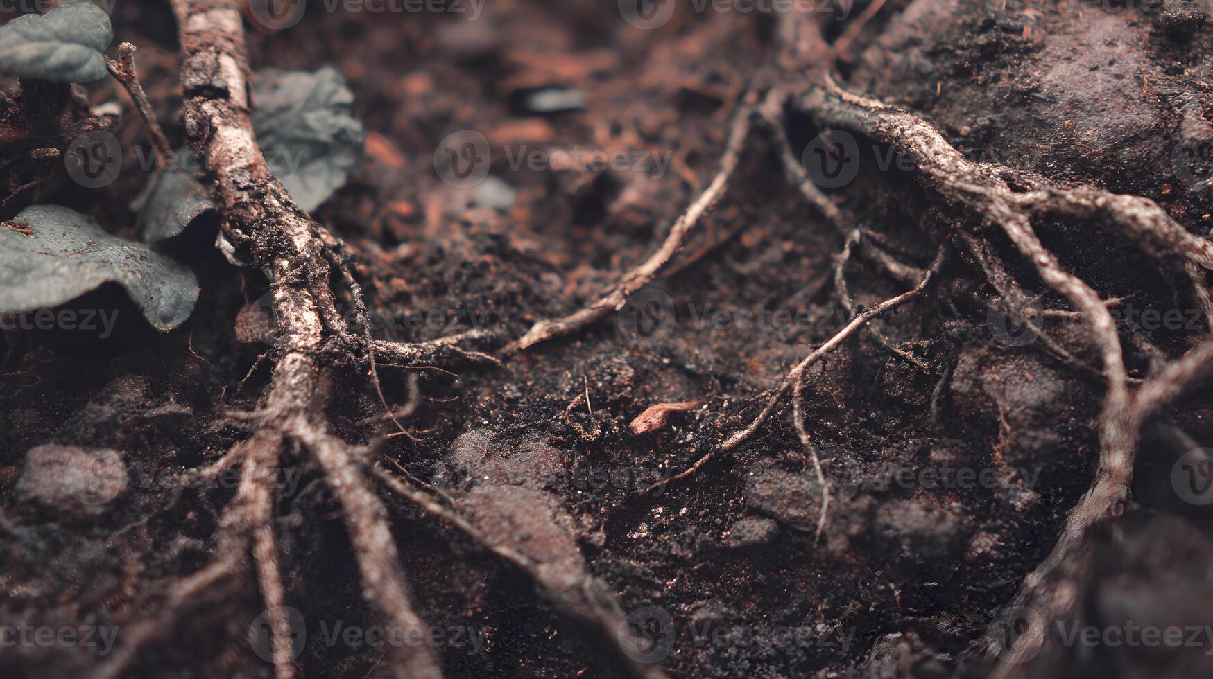 A natural close up showcasing the intricate network of roots intertwining with the rich soil texture photo