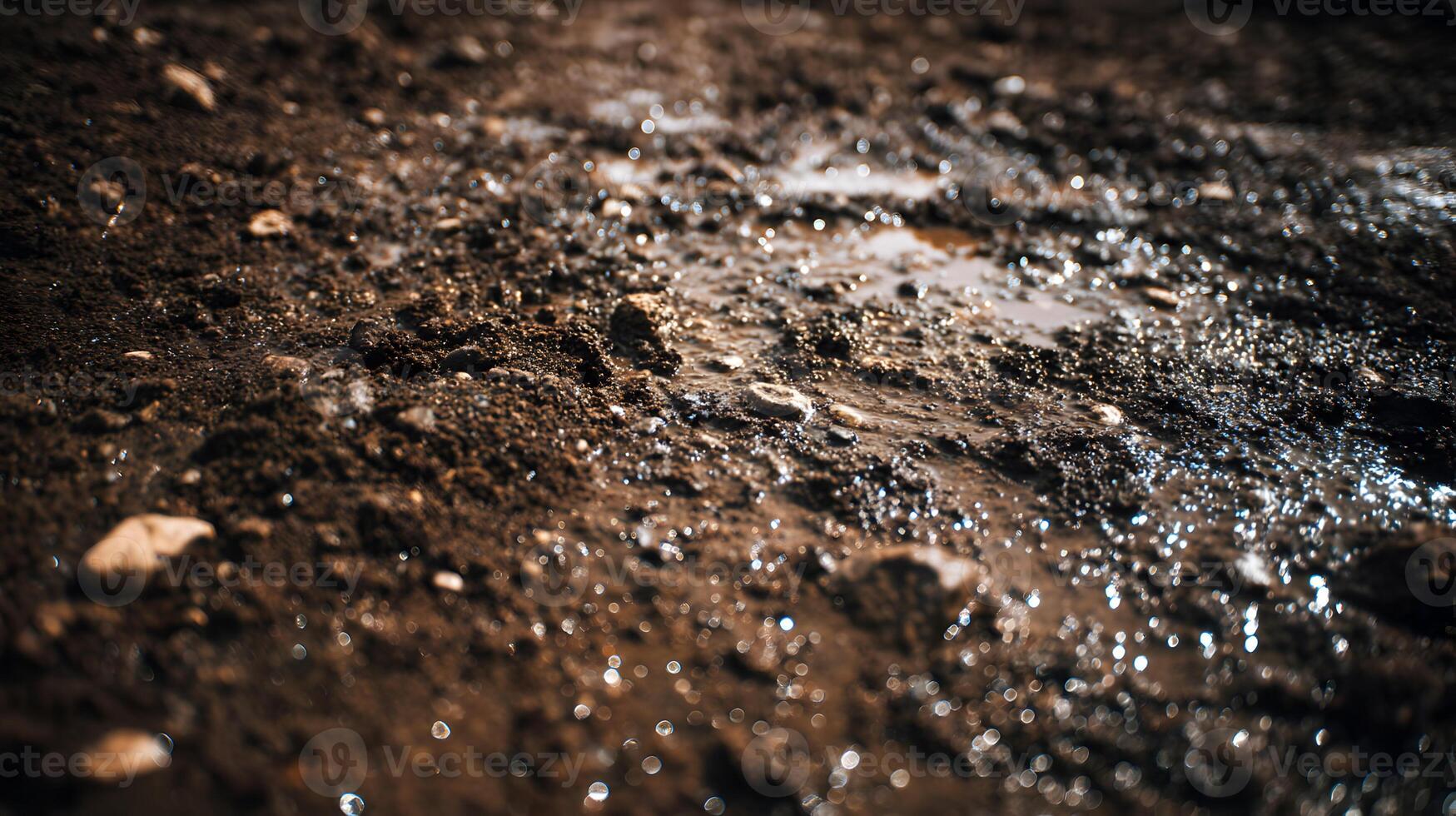 Ground detail revealing damp soil rich in minerals reflecting sunlight creating shimmering textures surface photo