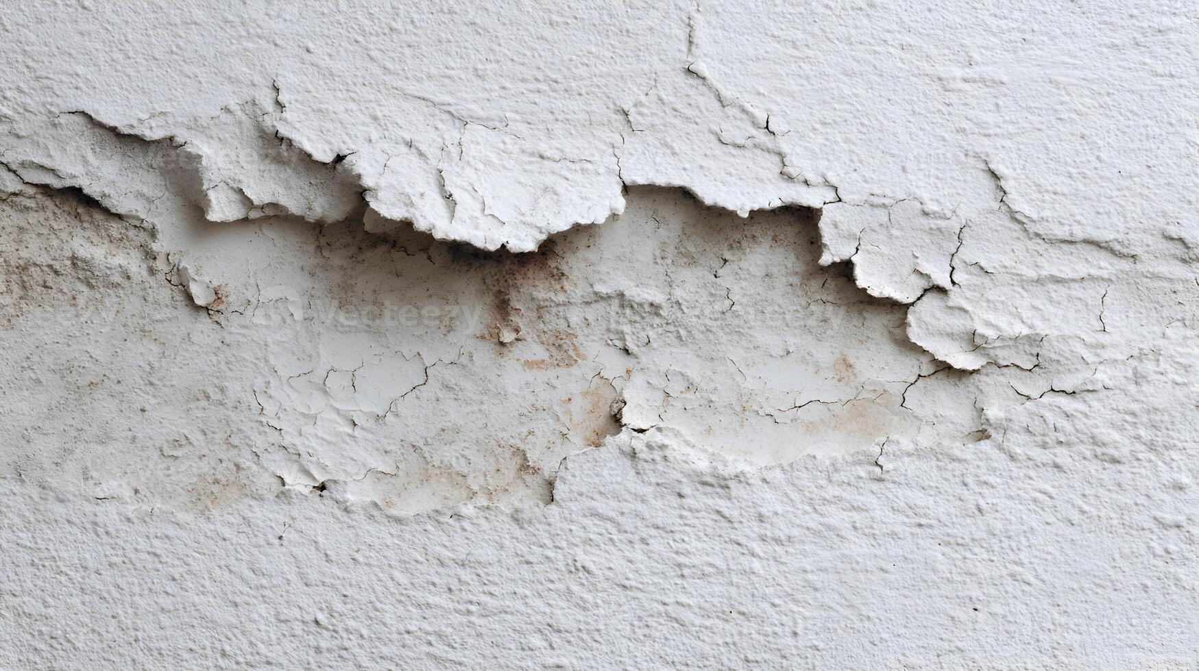 Peeling white paint reveals the deteriorating state of an old textured wall displaying signs of damage and neglect photo