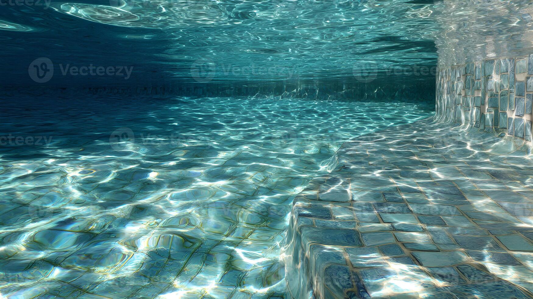Underwater view of a swimming pool shows light filtering through the surface casting patterns below photo
