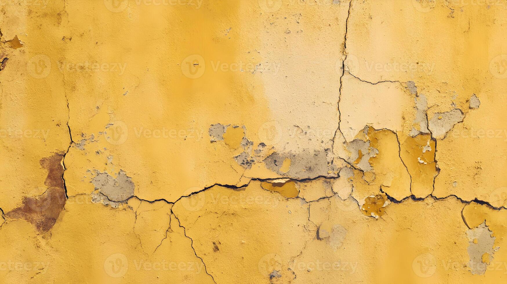 Detailed view of a weathered yellow wall showcasing cracks and peeling paint creating a rustic texture pattern photo