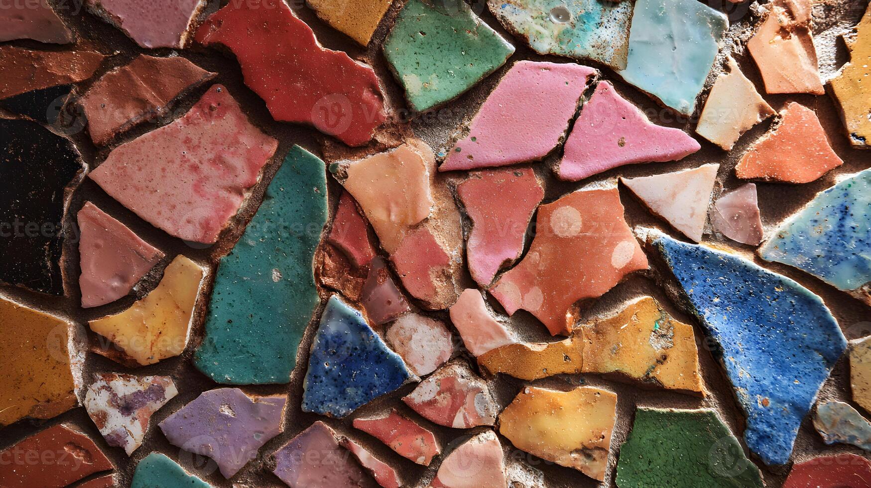 Vibrant broken tile mosaic creates a kaleidoscope of colors offering a joyful and artistic texture photo