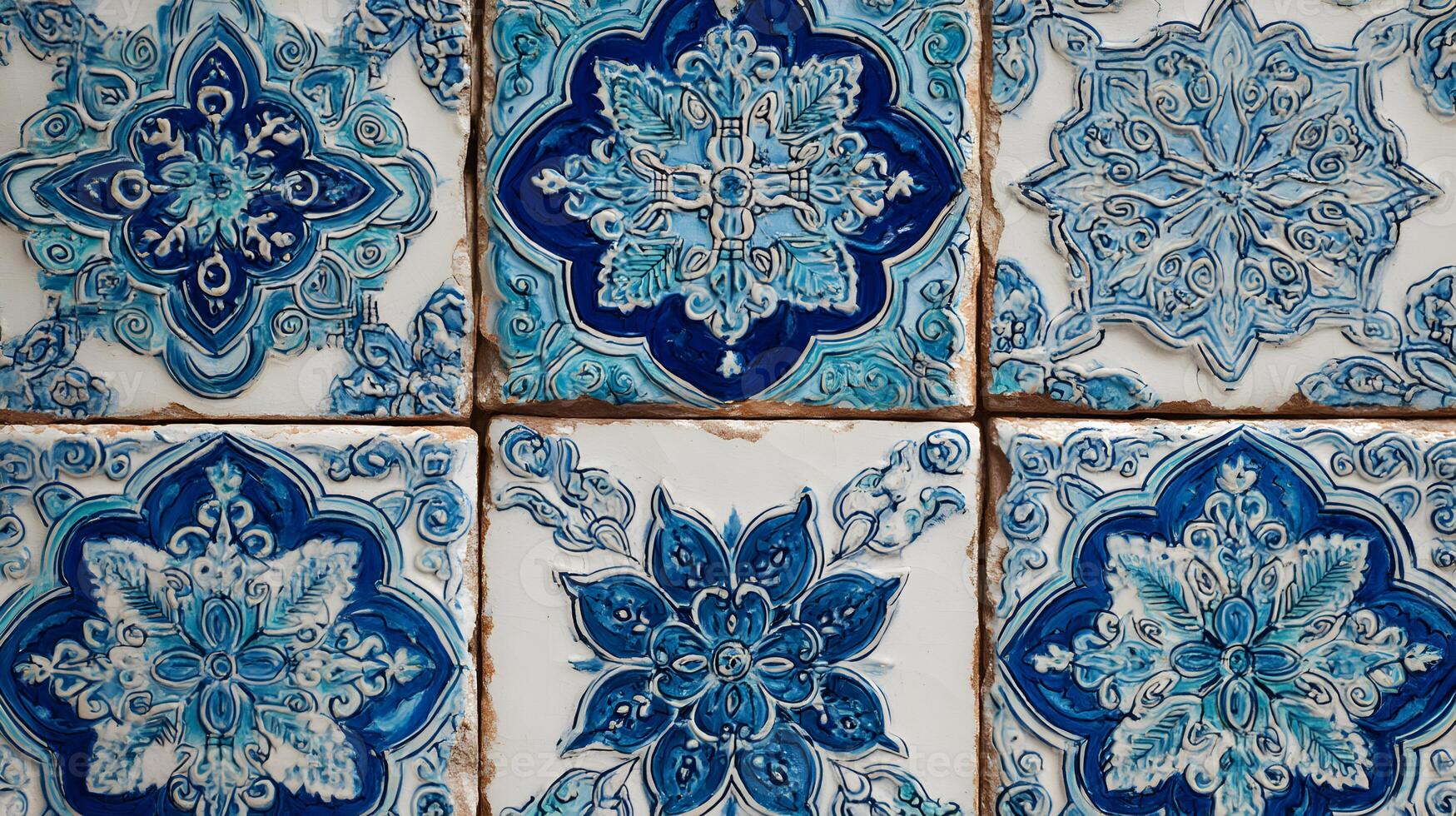 Handcrafted artistic blue and white ceramic tiles displaying traditional floral and geometric patterns photo