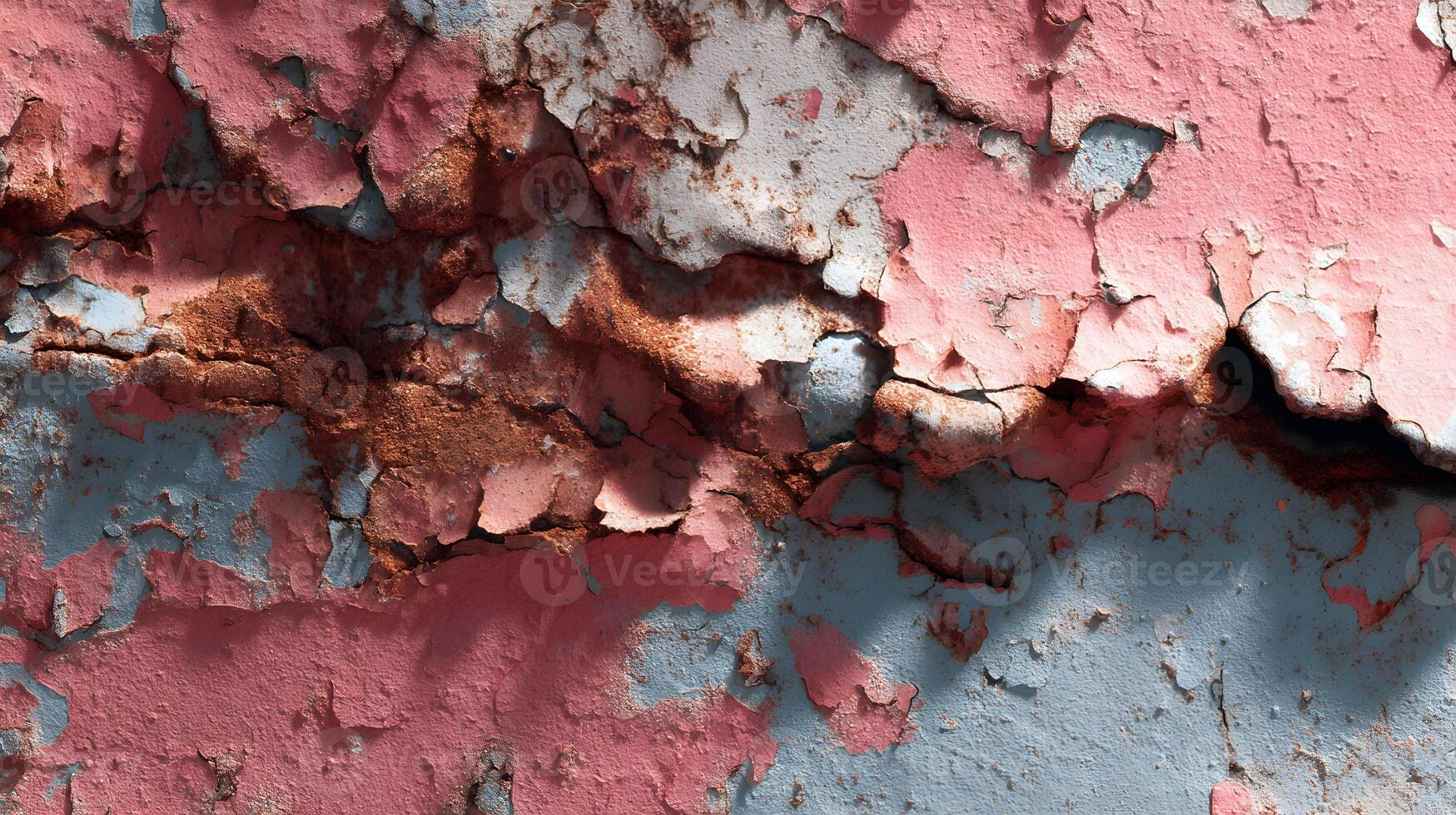A distressed pink and blue wall showcases a compelling narrative of time, decay and texture revealing layers photo