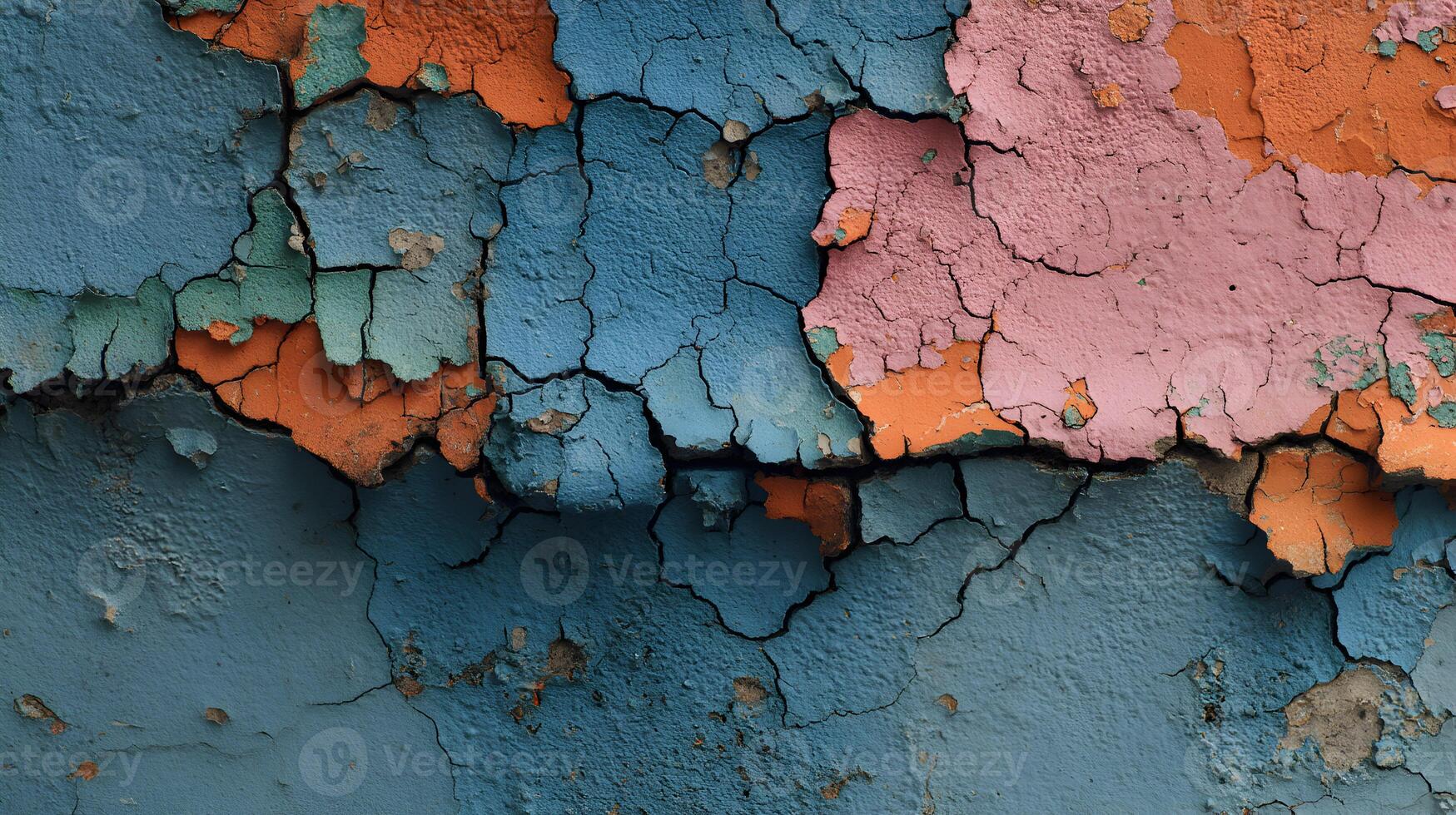 Colorful weathered layers create a captivating texture on this wall with peeling paint and visible cracks photo