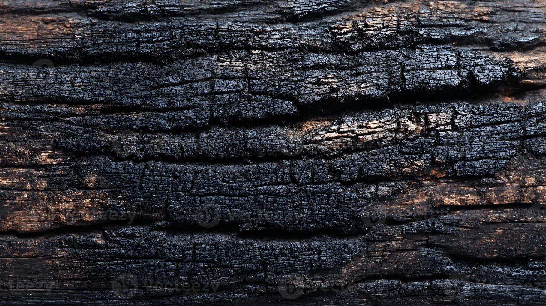 Abstract close up showcasing the intricate patterns and textures of heavily charred wood surface photo