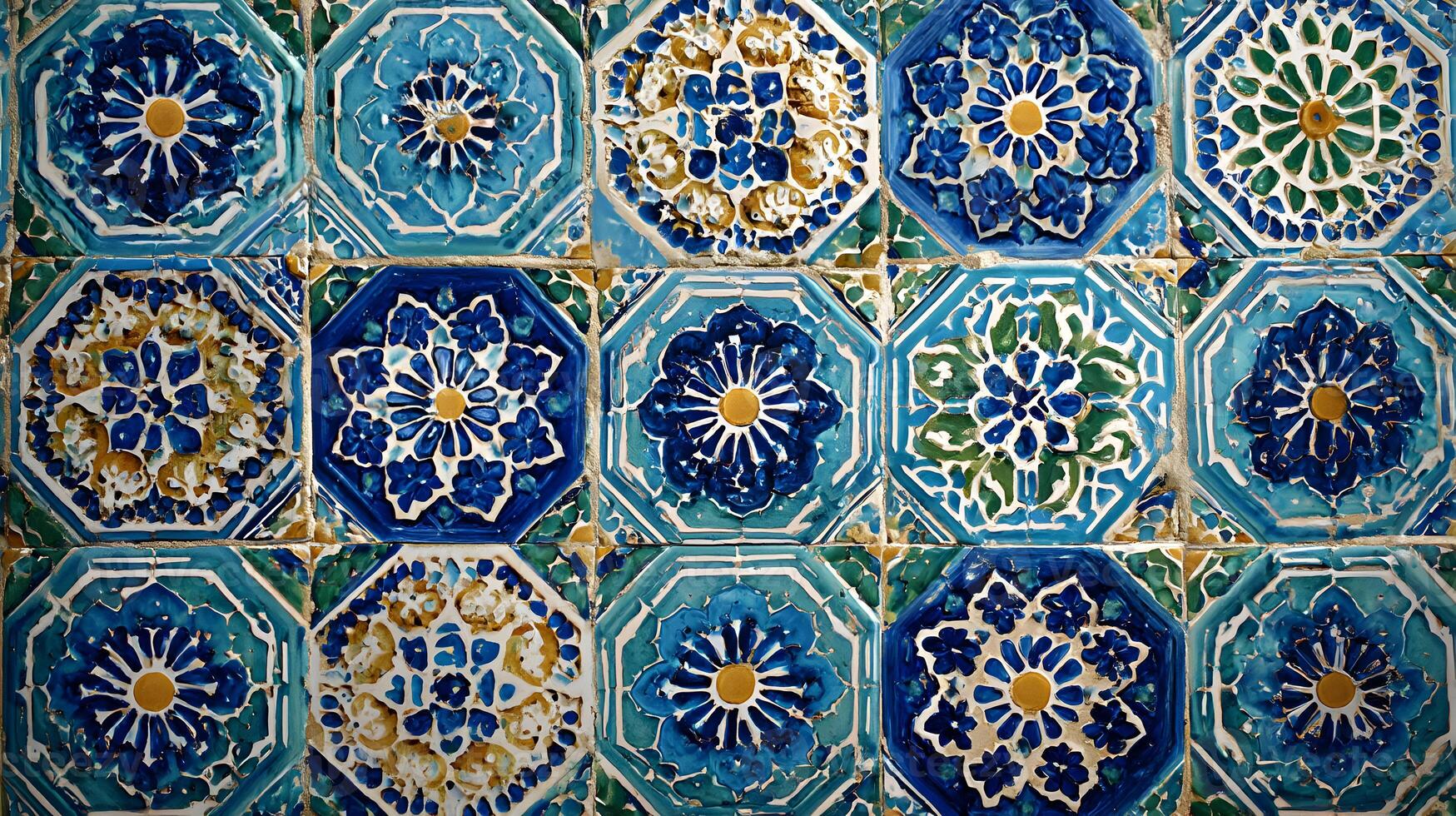 Intricate floral designs adorn octagonal tiles creating a vibrant and mesmerizing oriental mosaic pattern photo