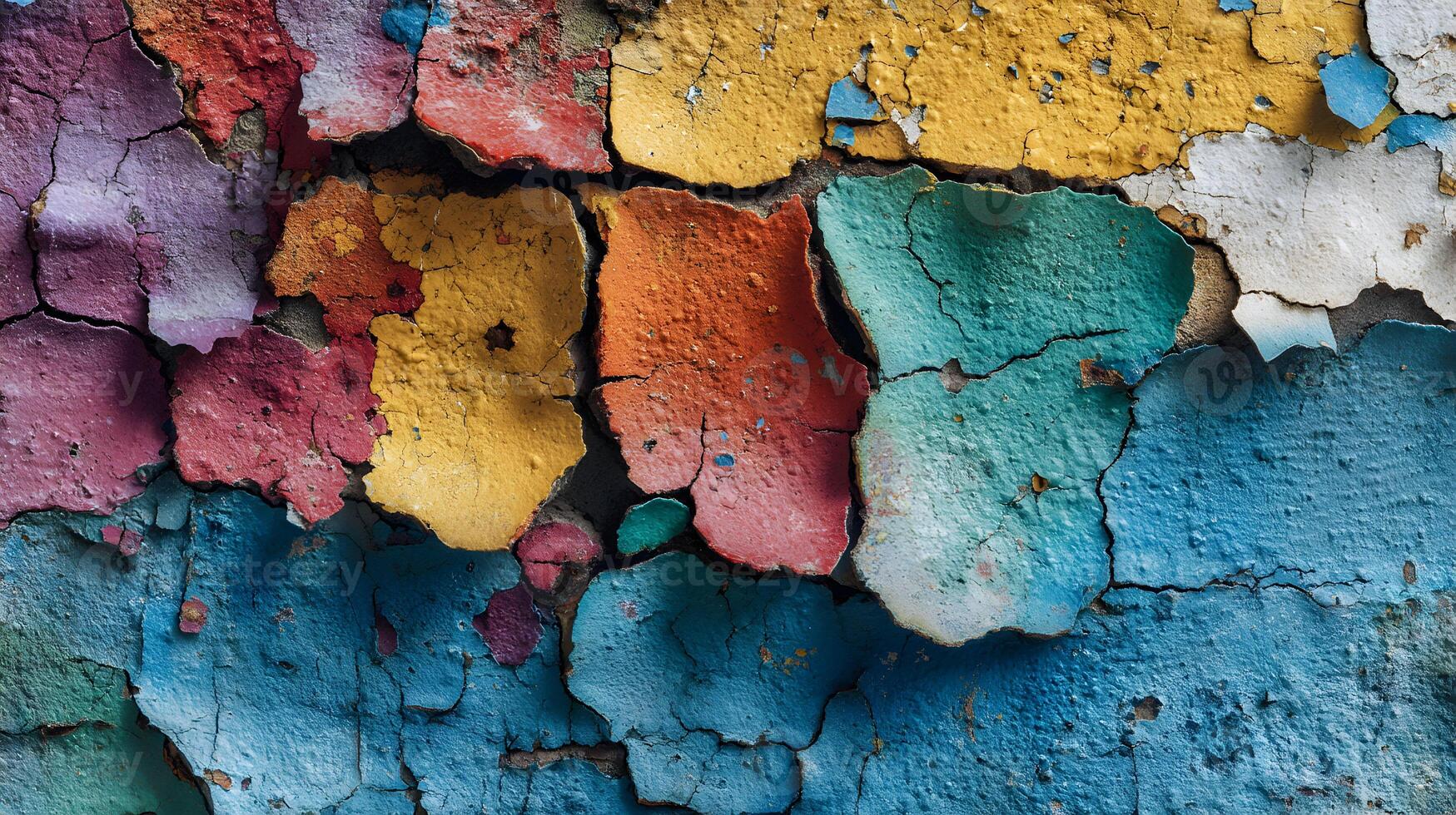 Colorful textures reveal the passage of time as aged paint peels away from a weathered surface photo