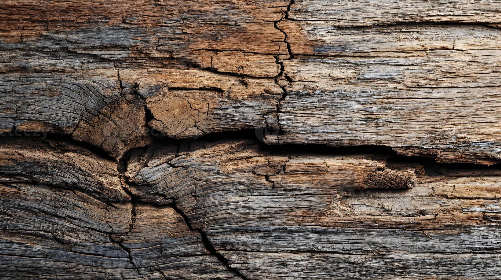 Detailed close up of a weathered wooden surface exhibiting complex textures cracks and aging effects nature photo