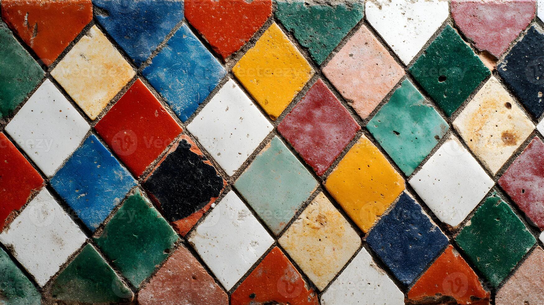 Moroccan tile pattern showcasing aged ceramic diamonds creating a textured and colorful surface photo