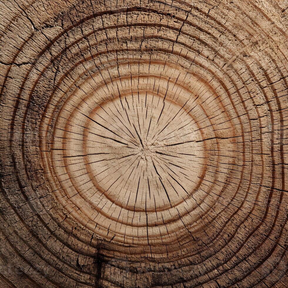Close up view of a weathered tree stump showing its circular growth rings and detailed wood grain pattern revealing age and history photo