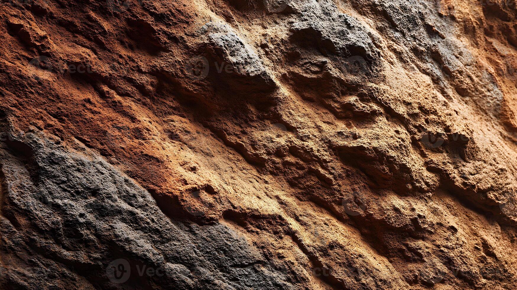 Detailed surface of brown and gray rock face showcasing intricate patterns and rugged texture elements photo