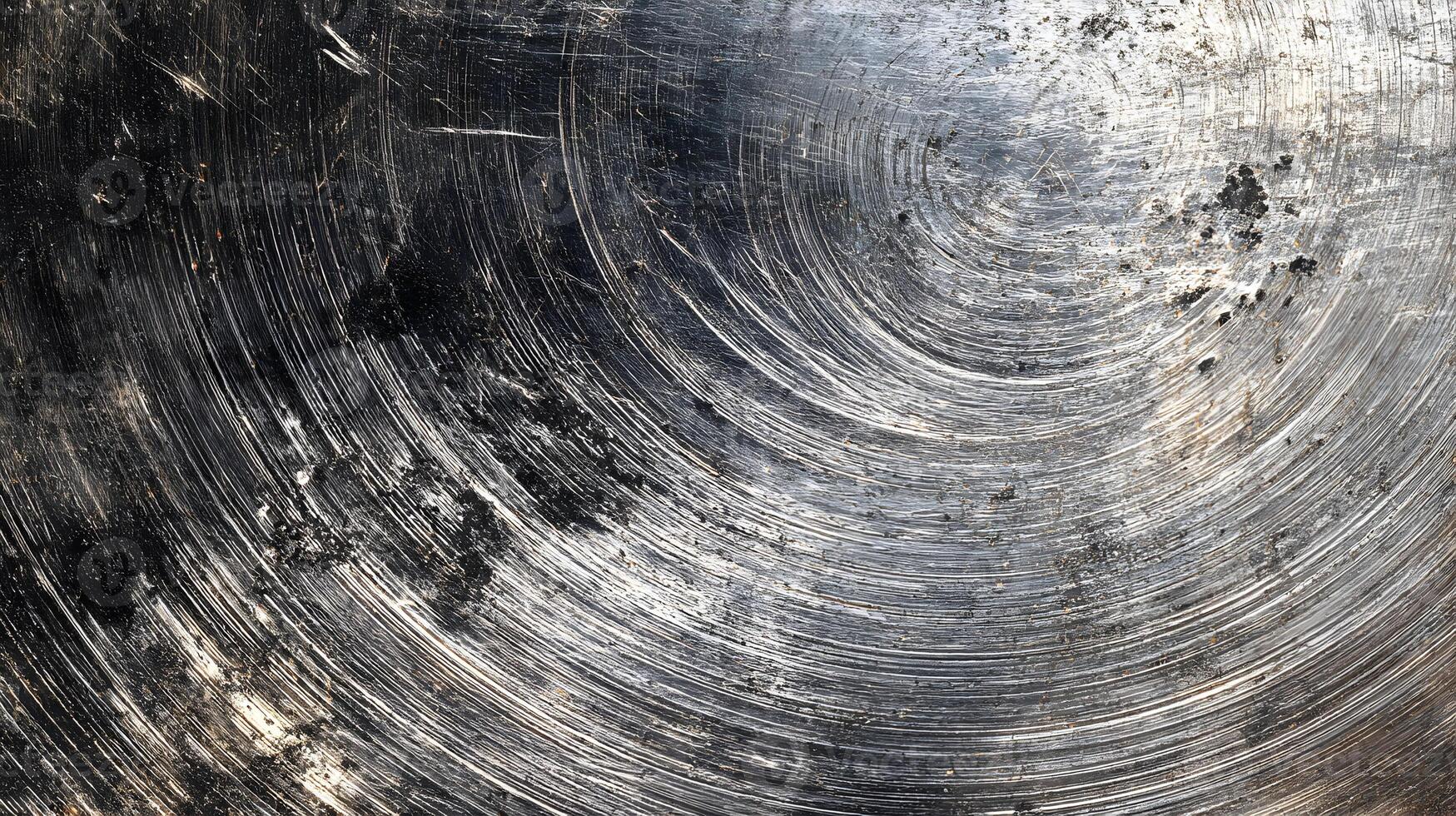 Circular metallic texture with scratches and dark spots conveying industrial roughness and abstract appeal photo