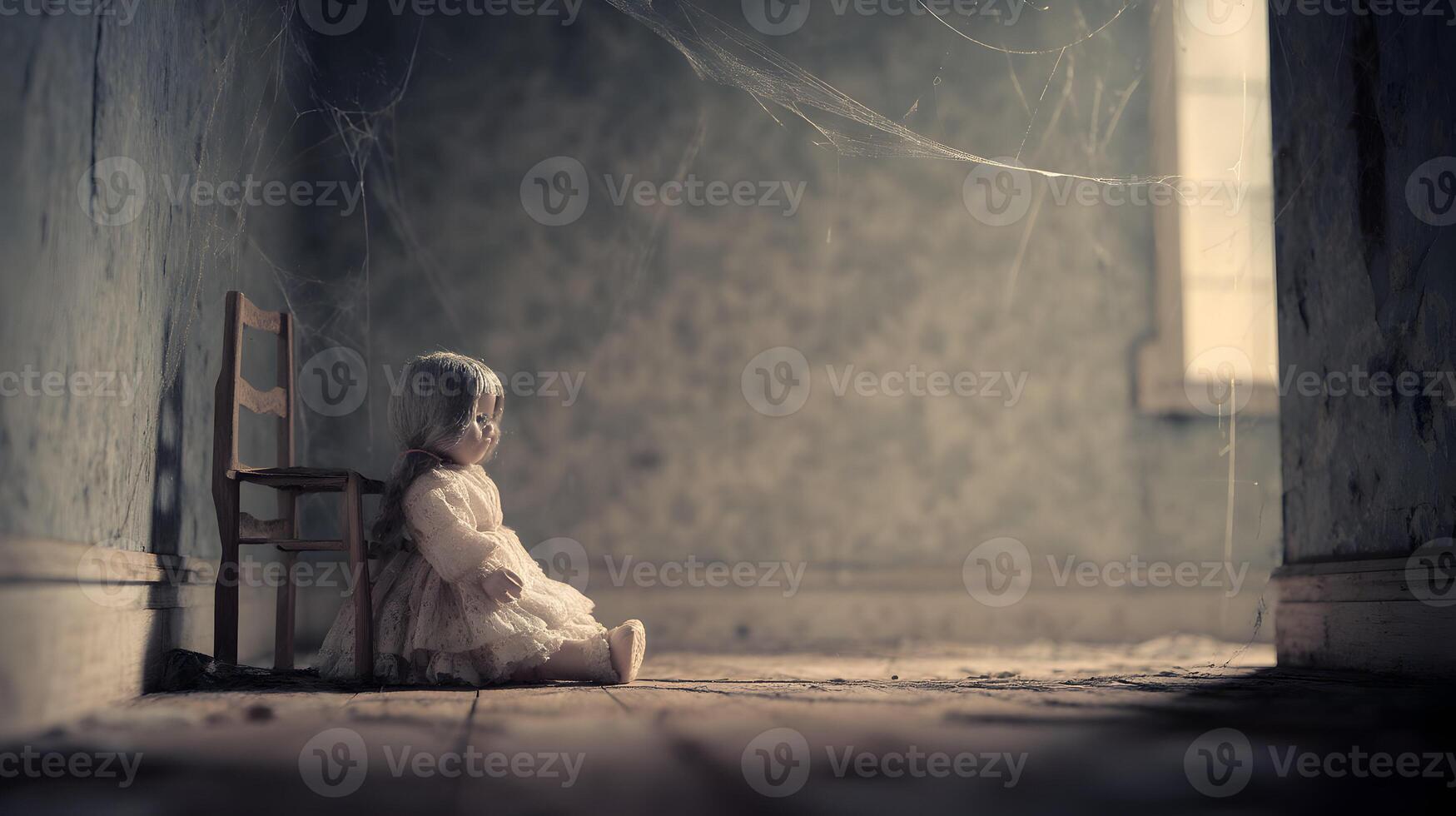 A forlorn doll sits alone in a dusty forgotten room filled with cobwebs and muted tones, evoking feelings of sadness photo
