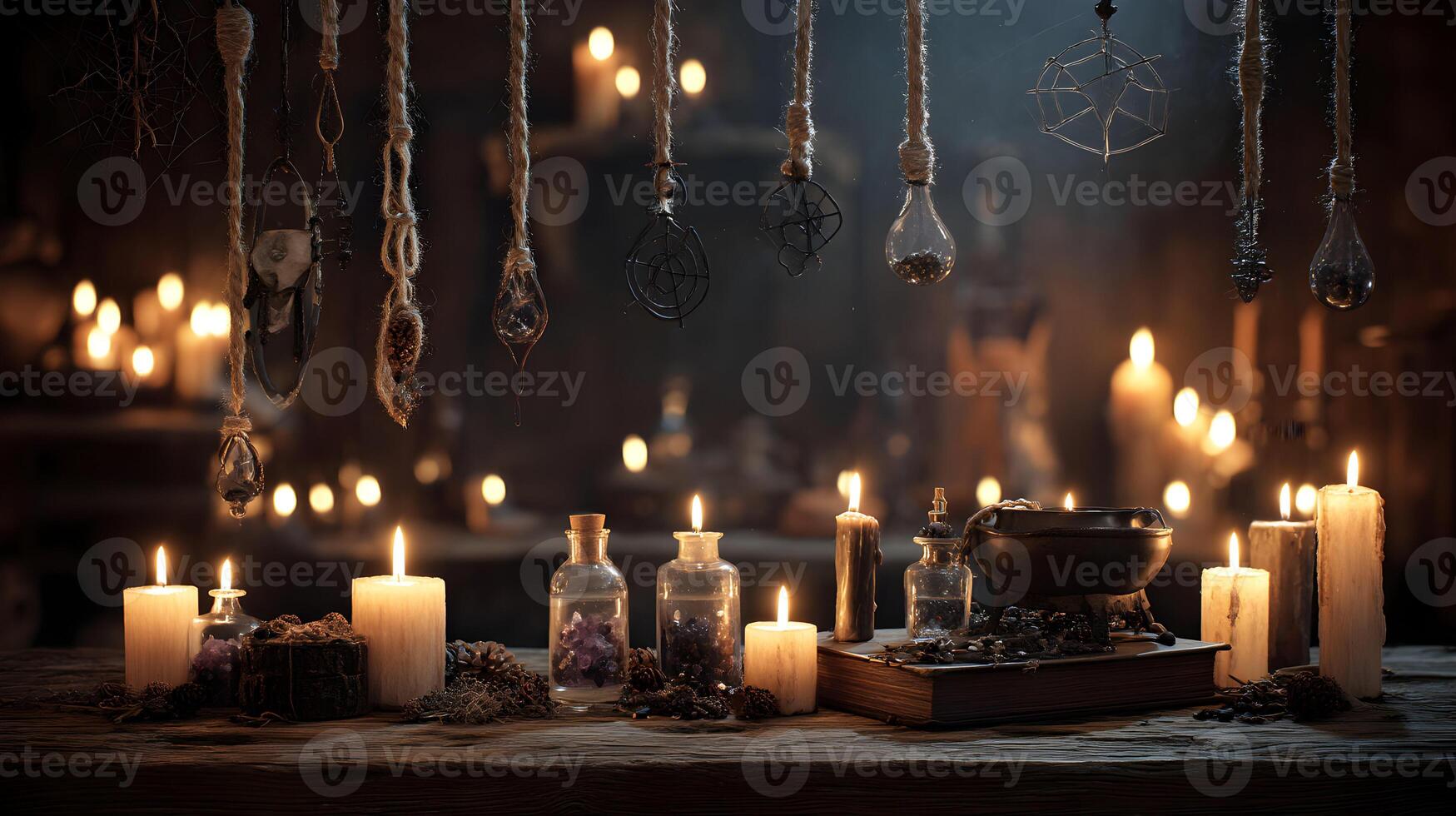 Mystical atmosphere of witch's apothecary with candles, cauldron, potions and hanging amulets creating magic spell photo