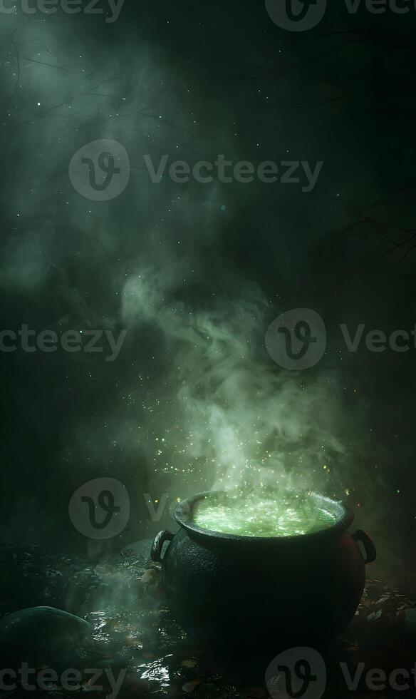 Eerie brew bubbles in cauldron under dim light casting shadows hinting at magic and mystical potion brewing photo