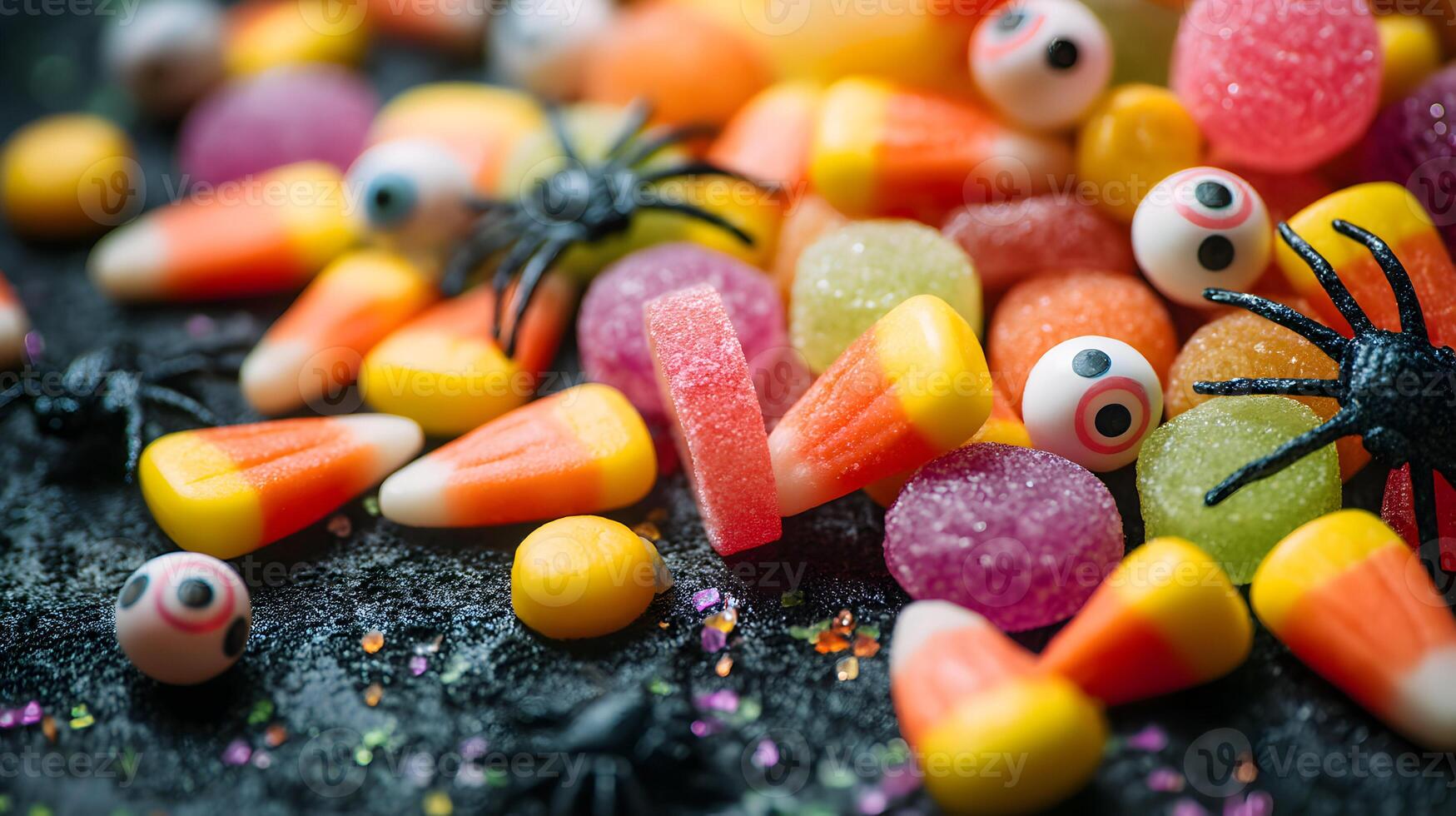 Festive halloween candy corn and eyeball sweets with black plastic spiders scattered on a dark surface photo