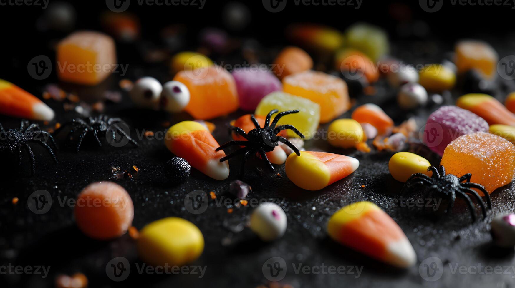Spooky Halloween candies arranged on a black background with spiders for a festive holiday treat photo