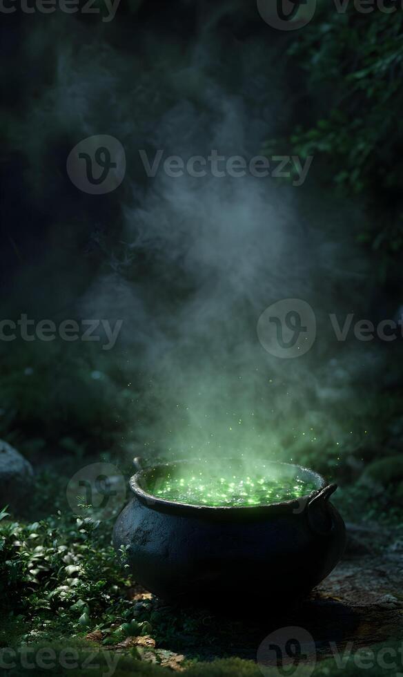 Enchanting brew simmering in cauldron amidst verdant forest ambiance, magical atmosphere illuminated by ethereal light and swirling mists photo