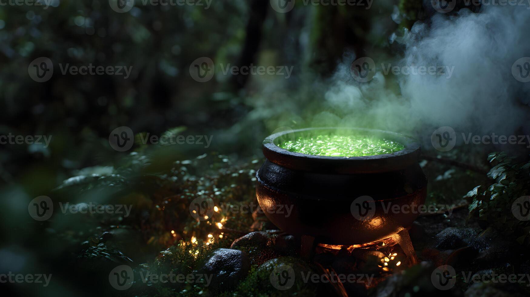 Witch's brew in a dark forest a mysterious potion bubbling under the moonlight with smoke rising up photo