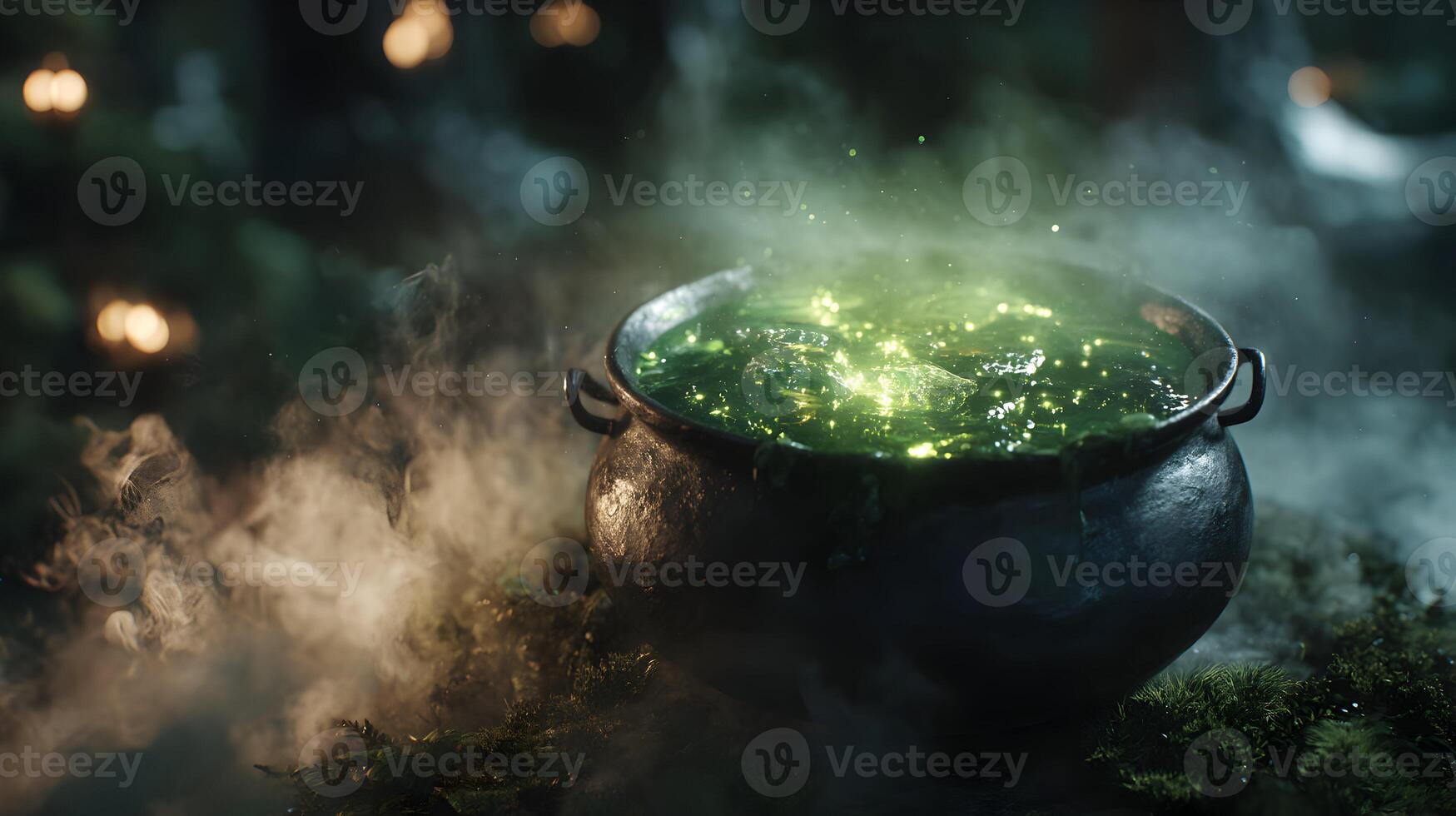 Mystical green potion bubbling in a cauldron amidst a smoky forest evoking fantasy magic photo