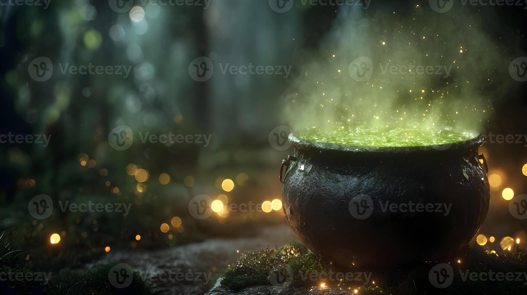 Magical potion brewing in a dark forest setting with glowing lights and bubbling green substance photo