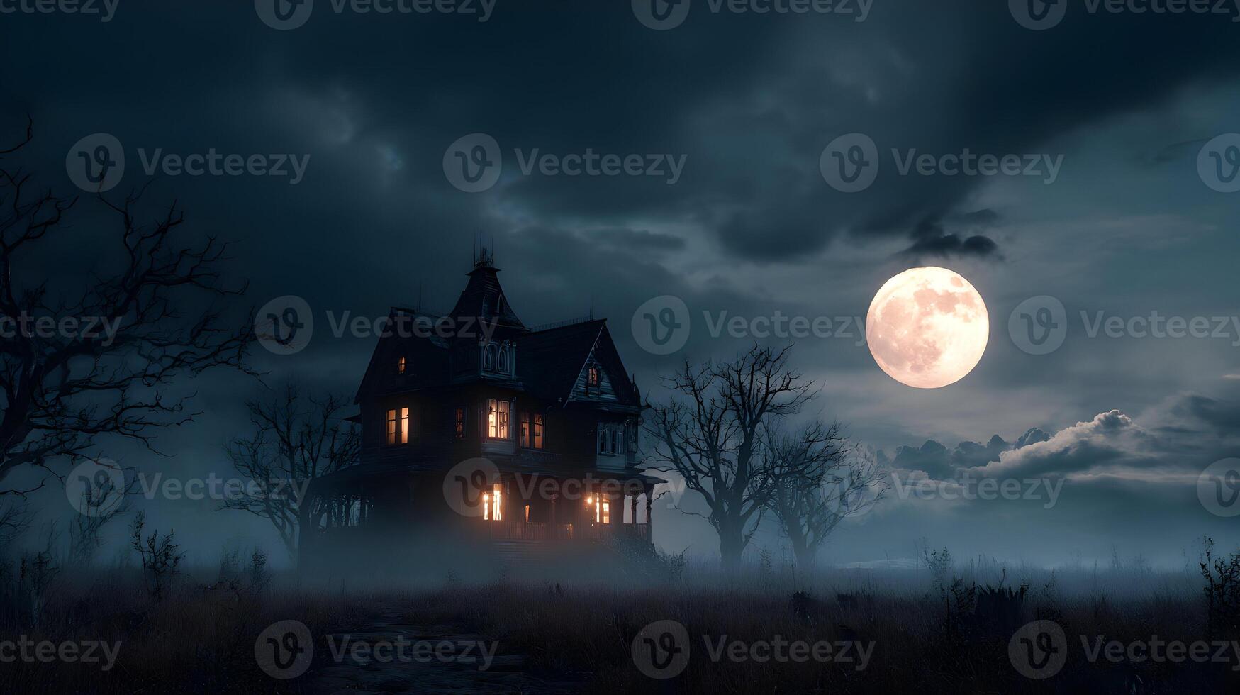 Eerie gothic mansion illuminated under a bright full moon casting shadows in a foggy landscape at twilight photo