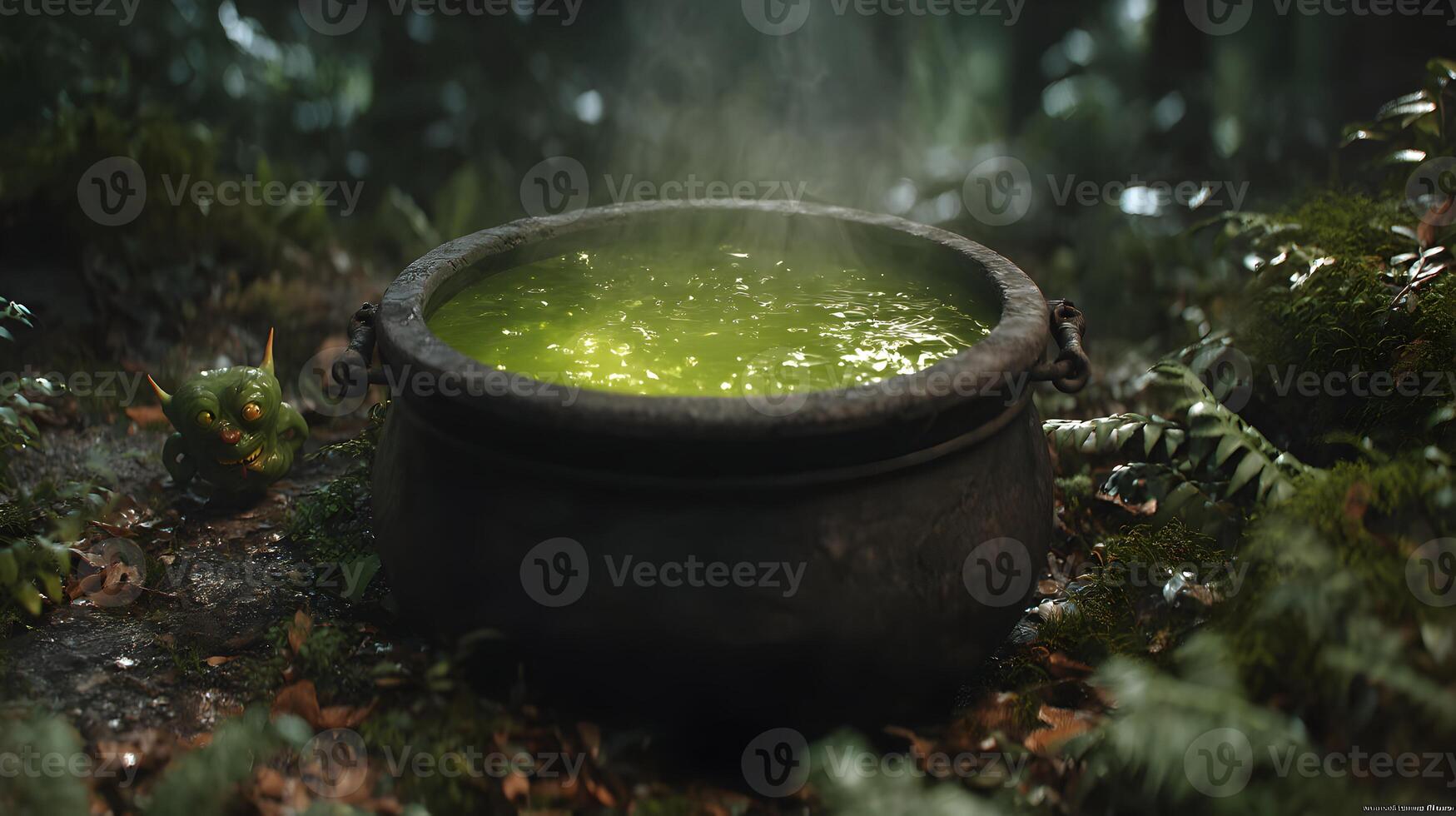 Enchanting brew boils in a rustic cauldron amidst a mystical forest creating a Halloween atmosphere photo