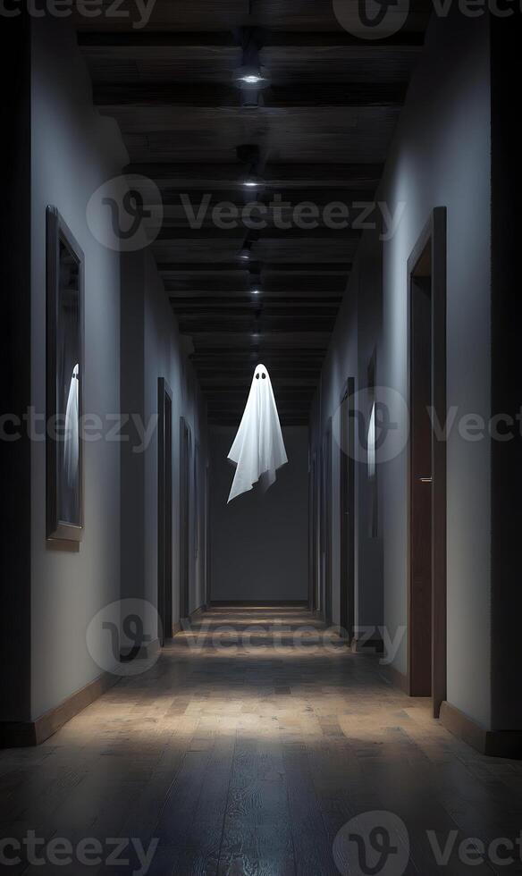 Mysterious specter floats eerily down a long hallway casting shadows in this spooky spectral scene photo