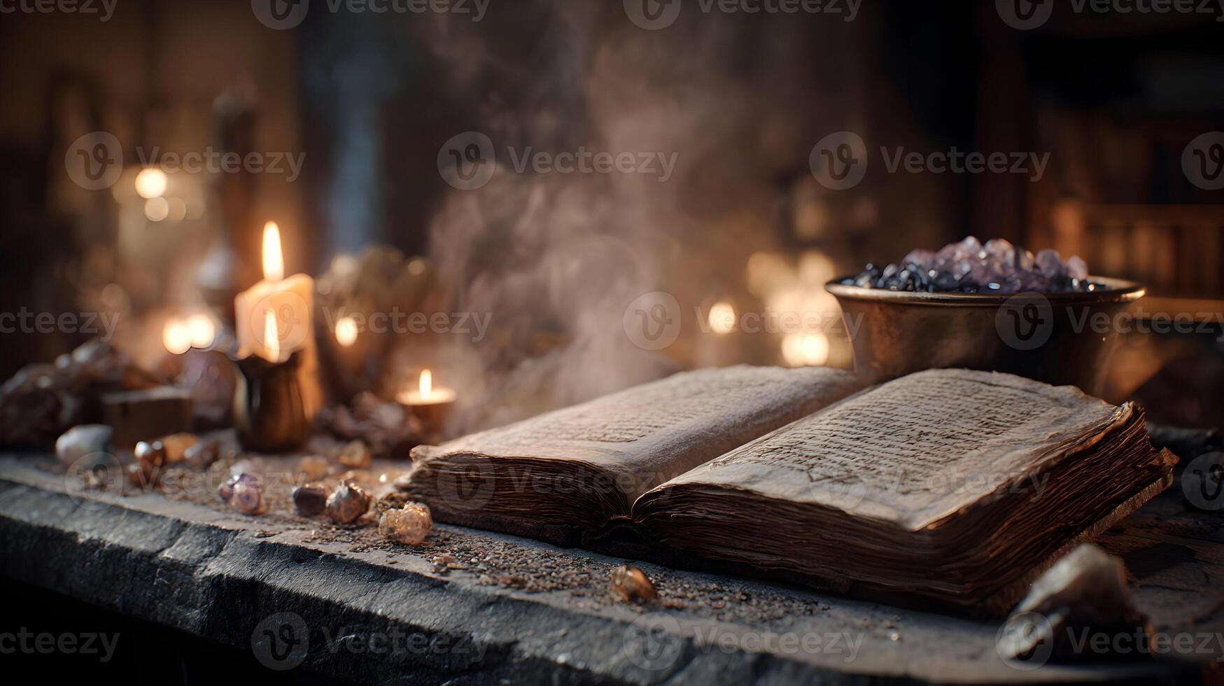 Mystical ancient open book adorned with candle light and shimmering crystals for esoteric knowledge photo
