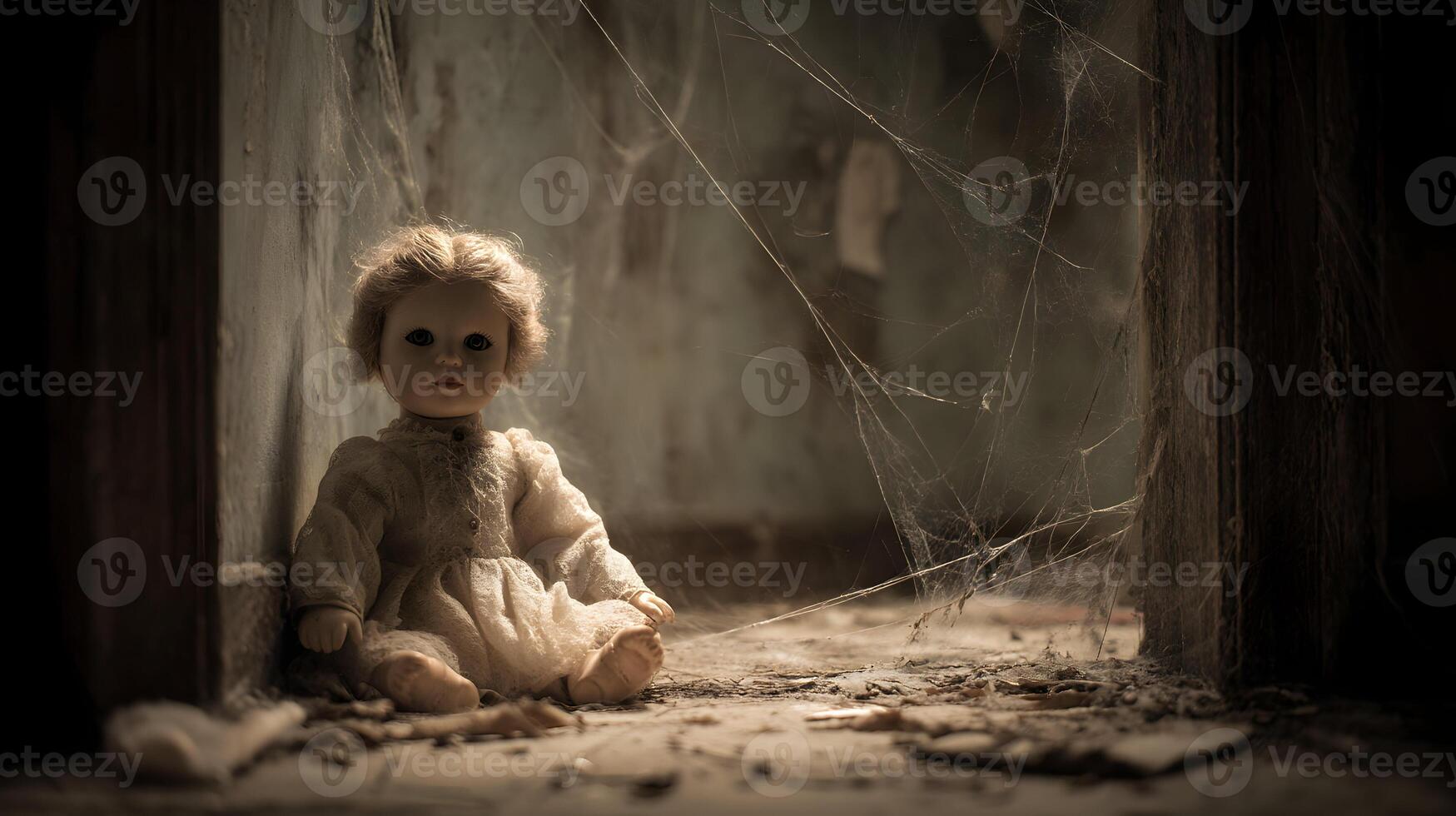 Creepy vintage doll sitting amidst cobwebs in a dark and mysterious abandoned room evokes fear photo