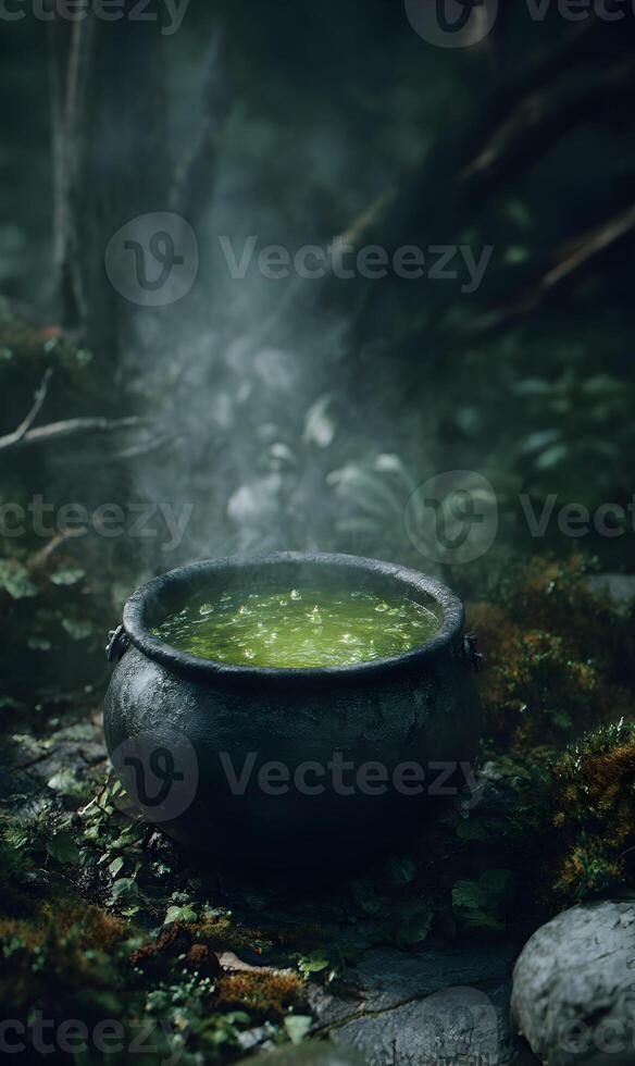 A mystical green potion bubbling in a cauldron surrounded by forest moss evoking a sense of magic and wonder in the woods photo