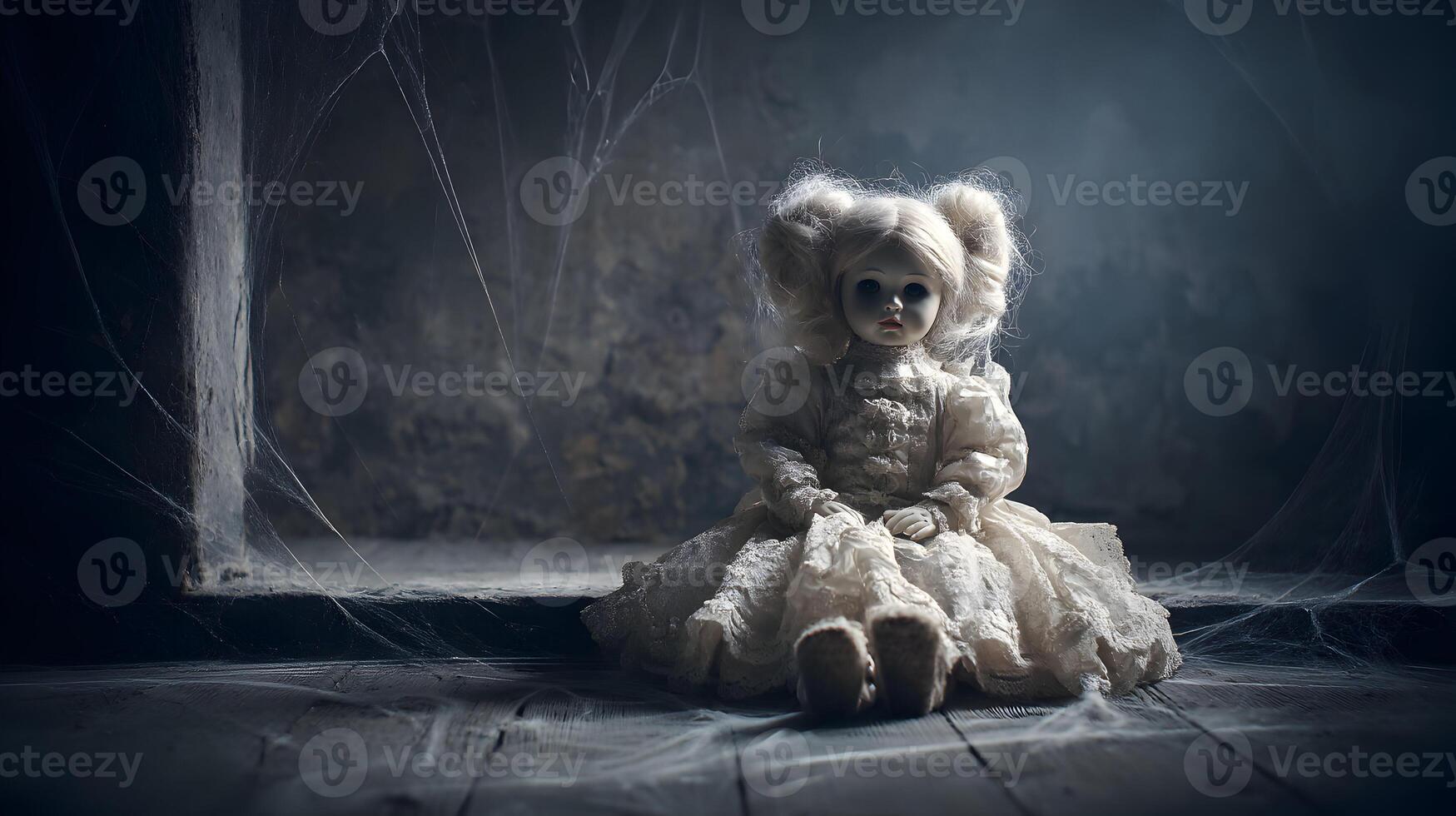 An antique doll shrouded in shadow and mystery sits amidst a web covered room creating a chilling scene photo