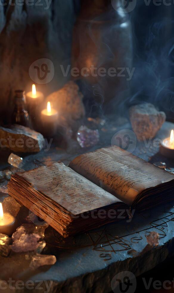 Ancient lore unfolds in mystical ambiance conjuring enchantment and intrigue amidst flickering candlelight and enigmatic shadows photo