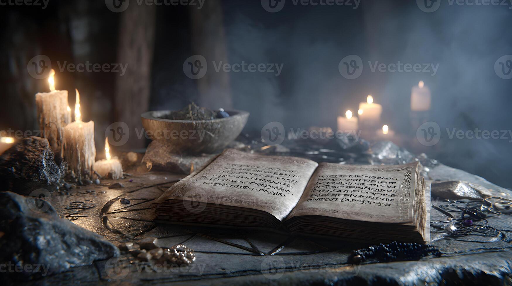 An ancient grimoire lies open amidst mystical candles and shadowy ambiance in a mysterious setting photo