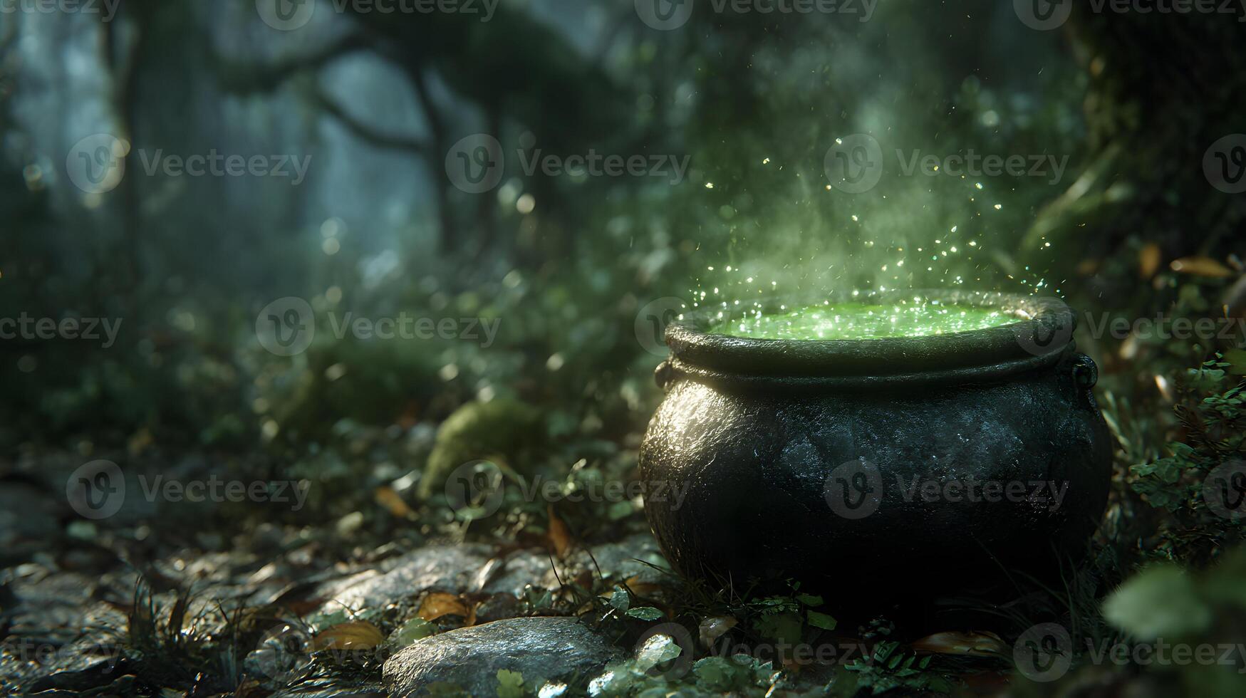 Enigmatic cauldron bubbles with vibrant green potion amidst an ethereal enchanted forest setting scene photo
