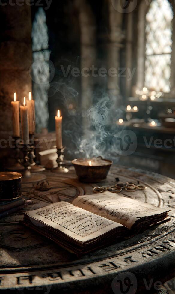 Ancient tome illuminated by candlelight within a venerable library creates an atmosphere of profound knowledge and historical insight photo