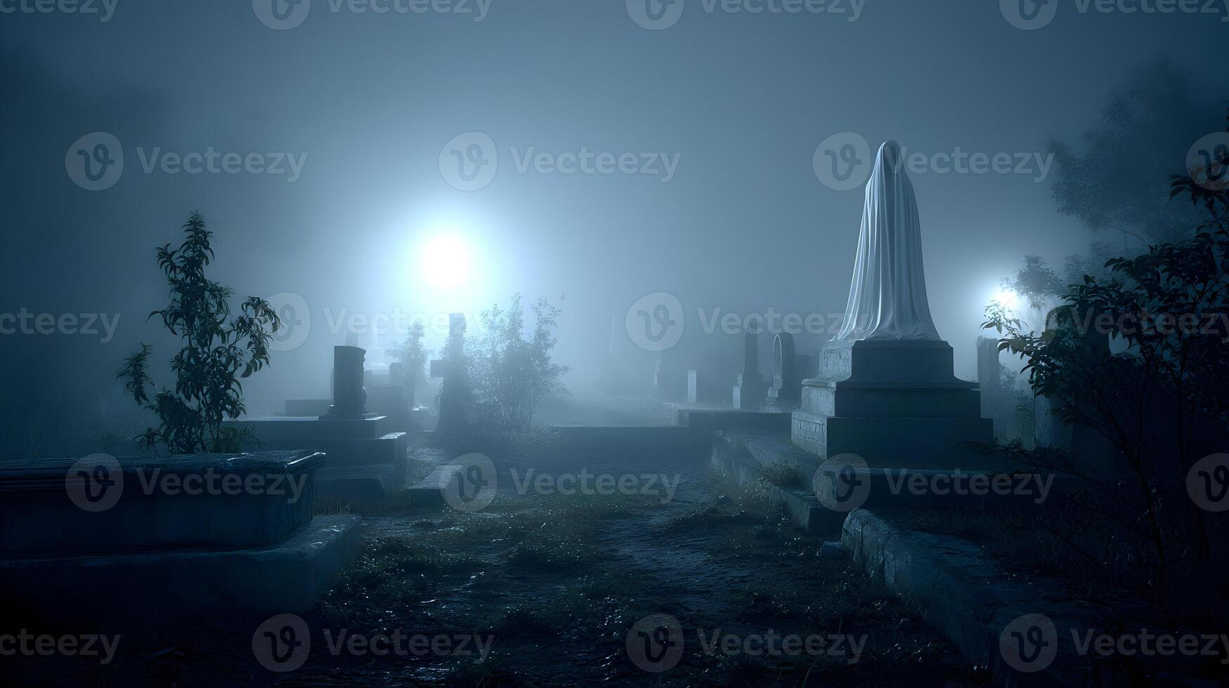Eerie graveyard scene shrouded in dense fog creating a chilling mysterious atmosphere with statue photo