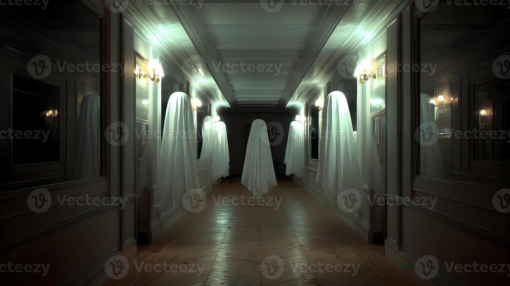 Enigmatic figures draped in white fabric grace a dimly lit corridor creating an atmosphere of mystery photo